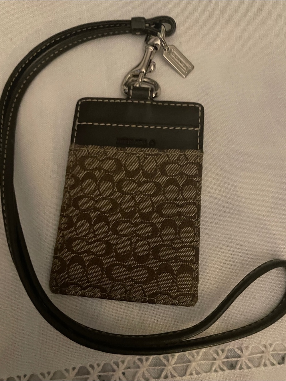 Coach Brown Signature Lanyard Card Holder with Black Trim EUC